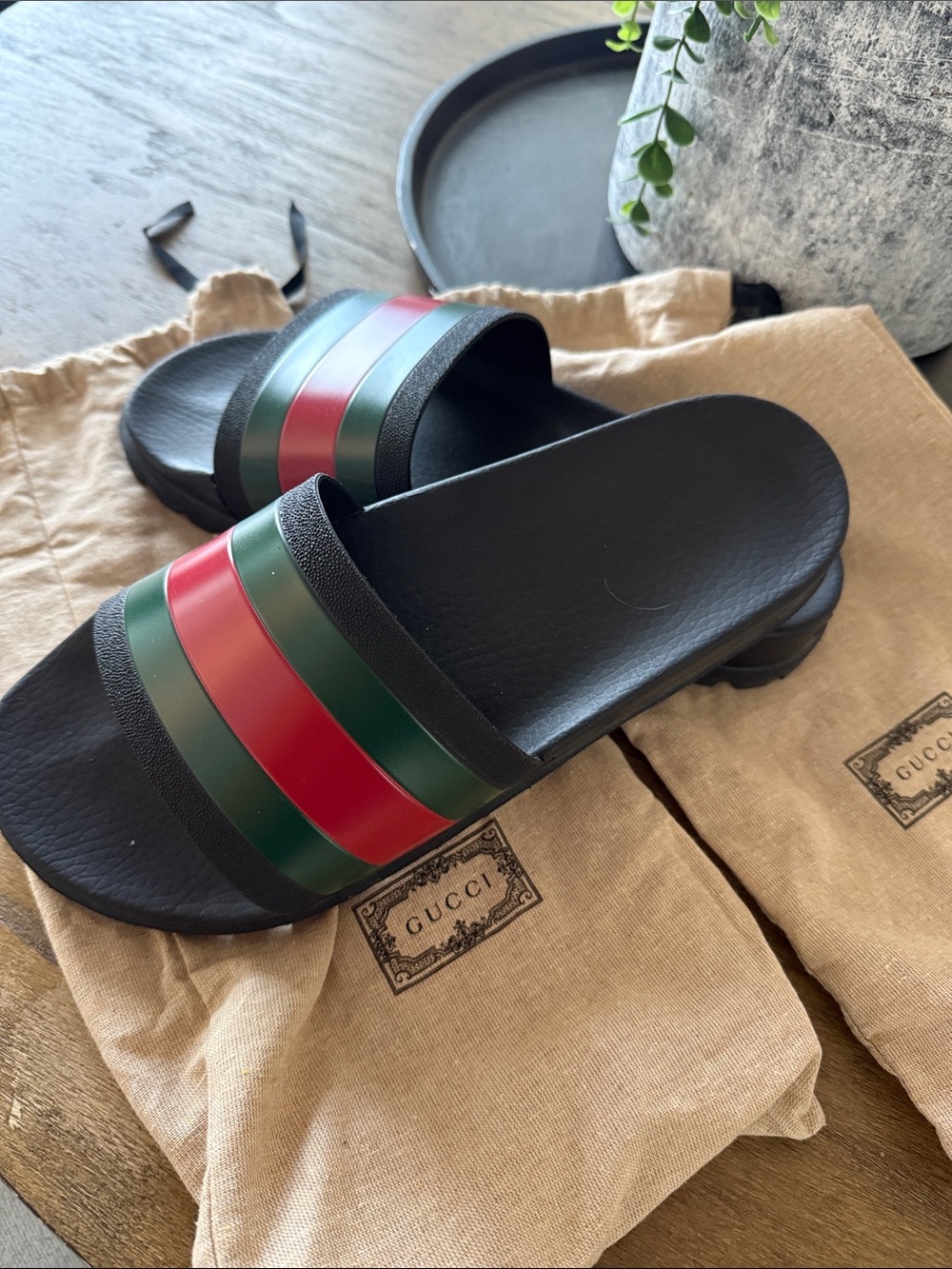 Gucci Black Slide Sandals with Red and Green Stripes
